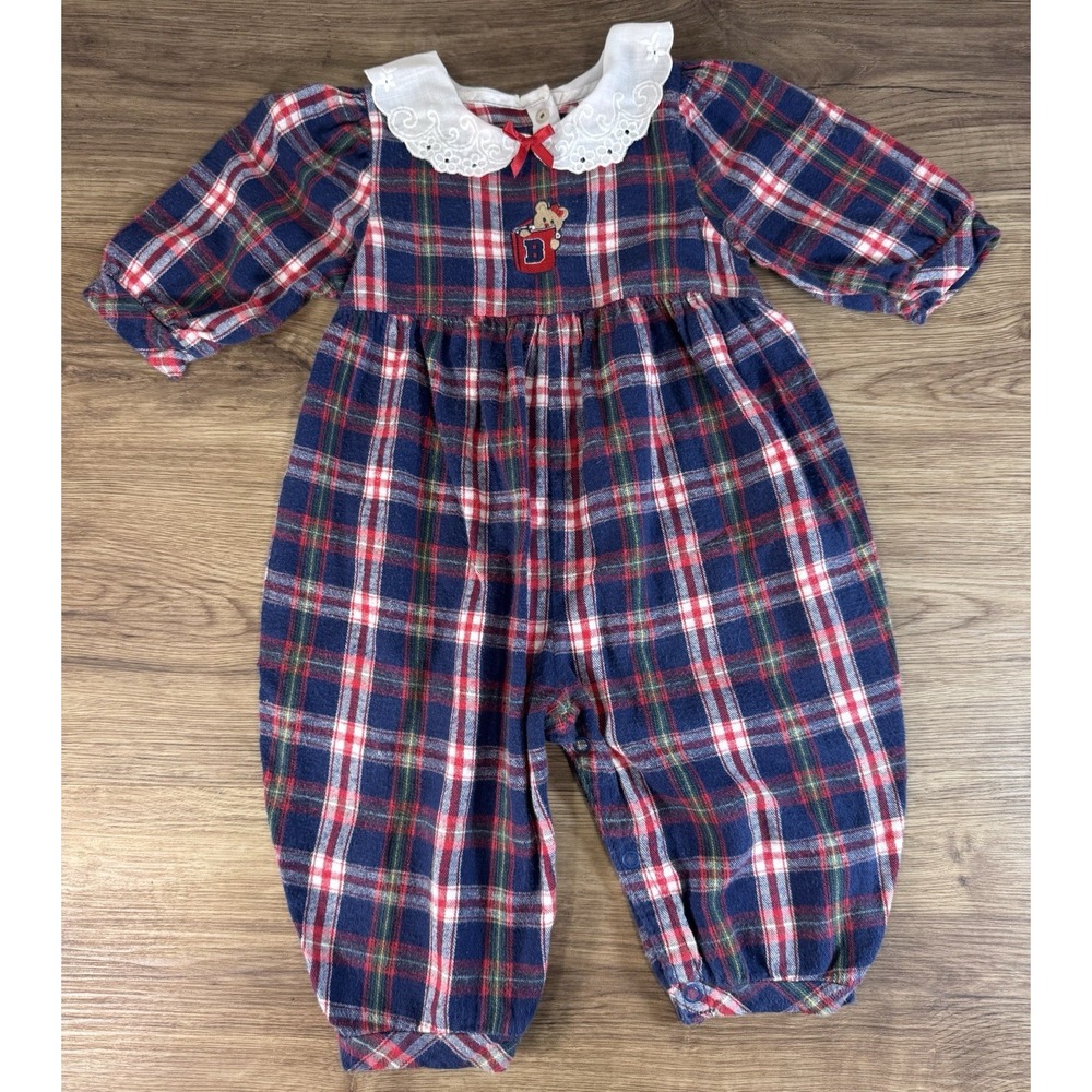 Vintage Y2K Plaid Bubble Romper Embroidered Bear Book Peter Pan Collar 9-12mo